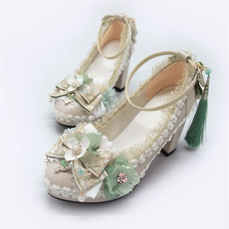 One Night Story Original Lolita Shoes Round Toe Thick Heels Retro Chinese Style Lolita Shoes Sweet Girl High Heels