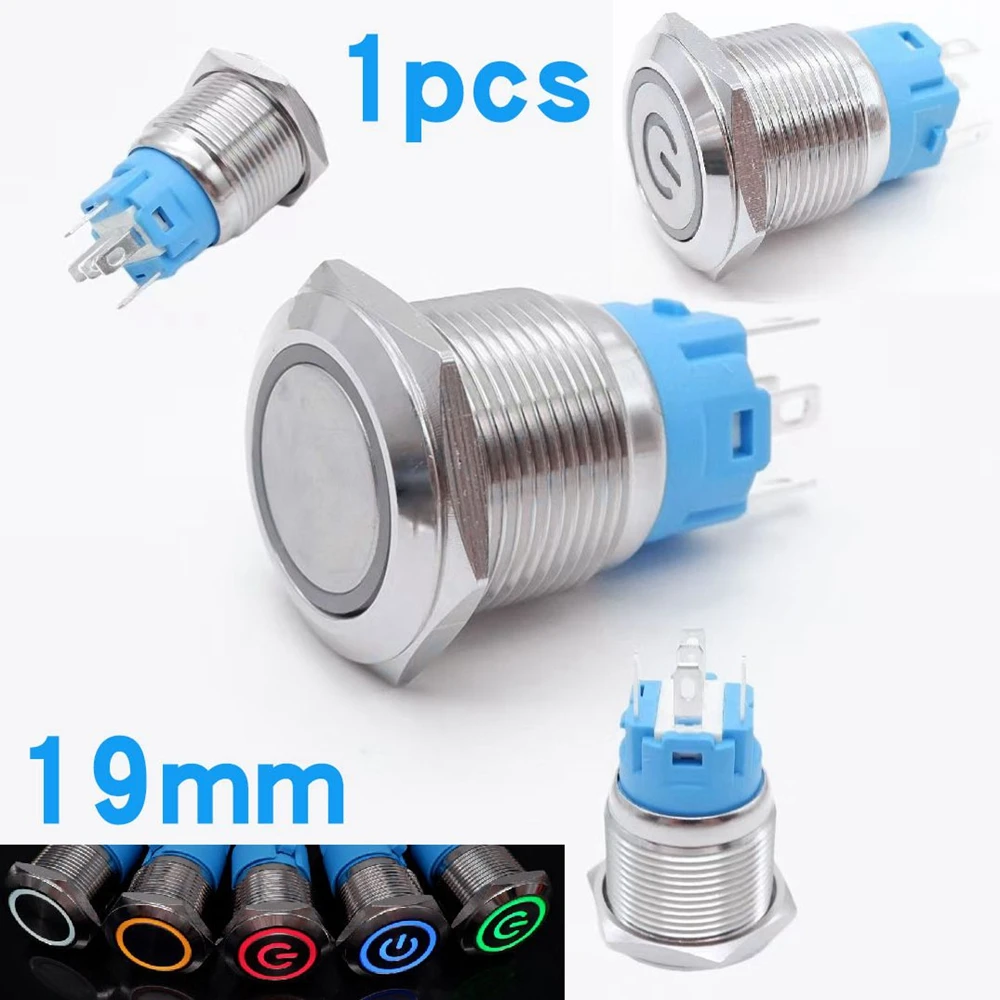 

1pcs 19mm Metal Push Button On Off Switch LED Light Momentary Latching Waterproof Flat Circular Button 3v 6v 12v 24v 110v 220v