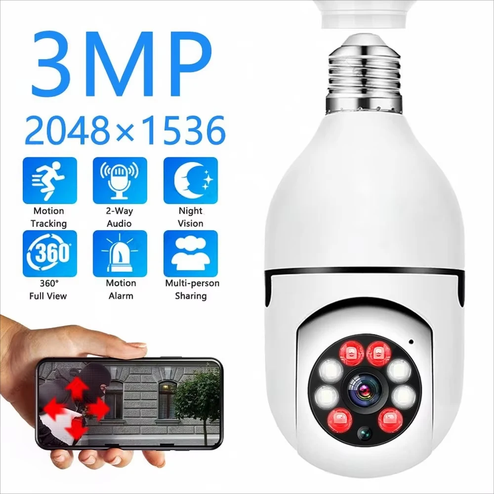 3MP WiFi E27 Bulb Camera Home PTZ Wireless Surveillance Camera 4X Digital Zoom AI Human Motion Detect Full Auto Night Vision