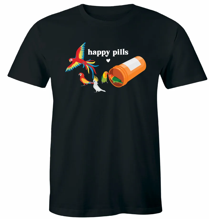 Parrot Happy Pills T-Shirt Prescription Bottle Bird Lovers Tee Men Women High Quality 100%Cotton Short Sleeve