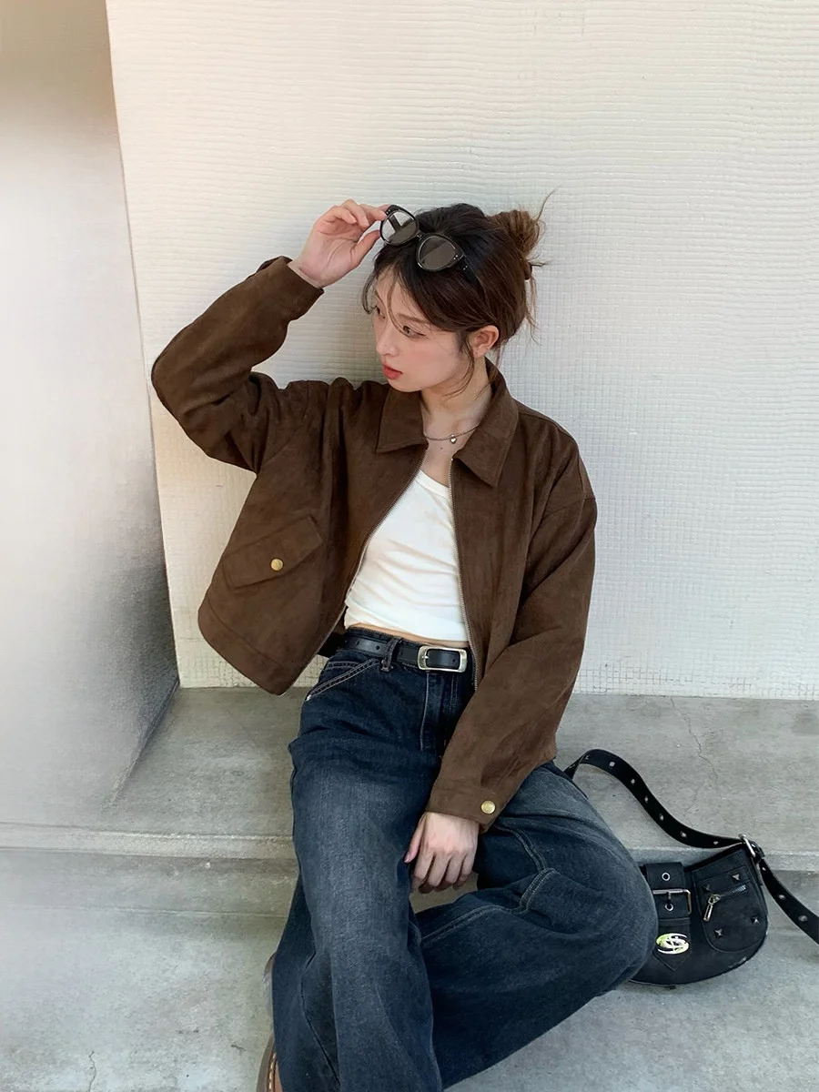 

RAINY Sweet Cool Brown Suede ort Jaet Весенне-осенняя женская верхняя одежда с воротником на молнии в американском стиле ретро Sle