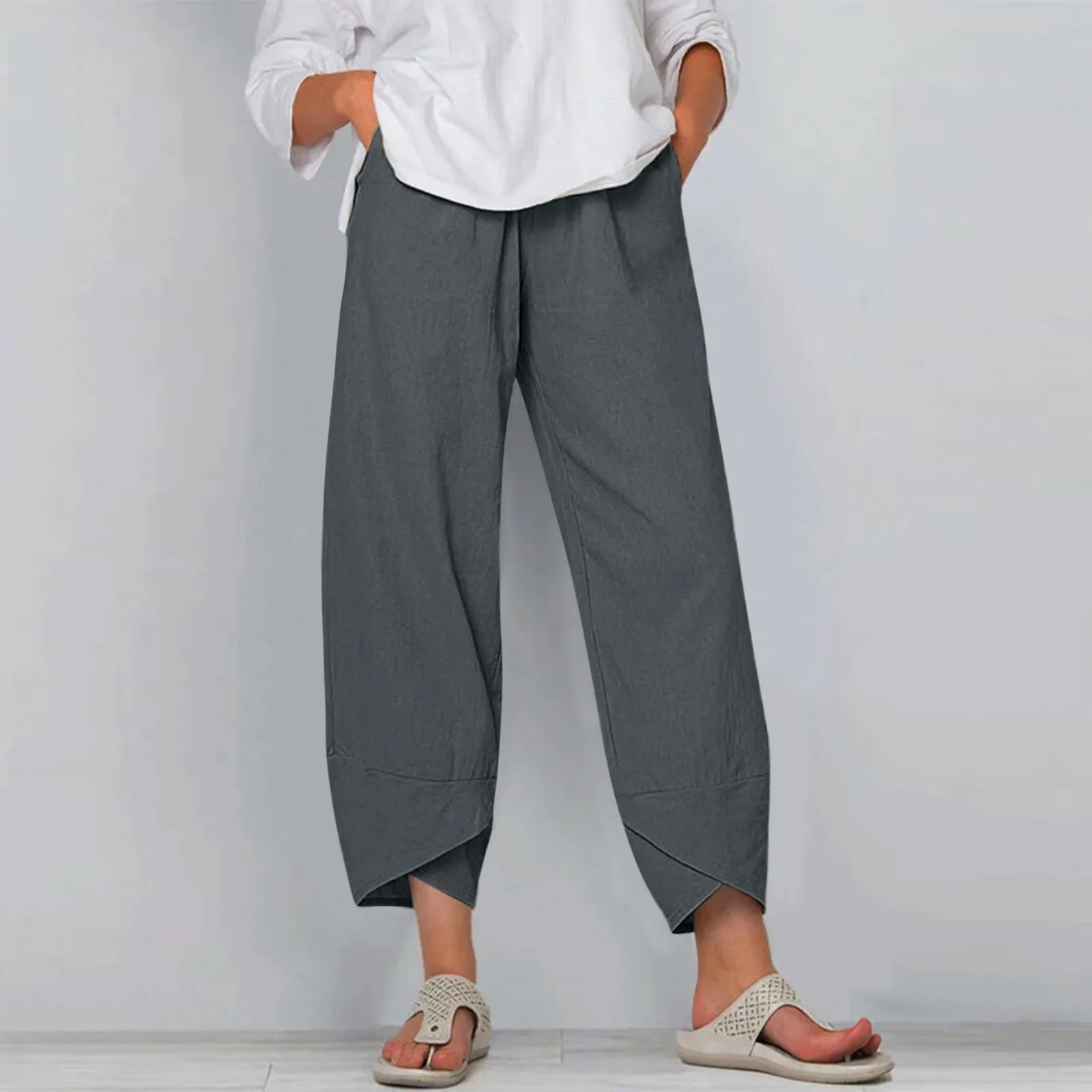 

Women Pants Pockets Solid Color Elastic Waist Casual Loose Harem Pants Cotton And Linen Cropped Capri Pants Summer Beach Slacks