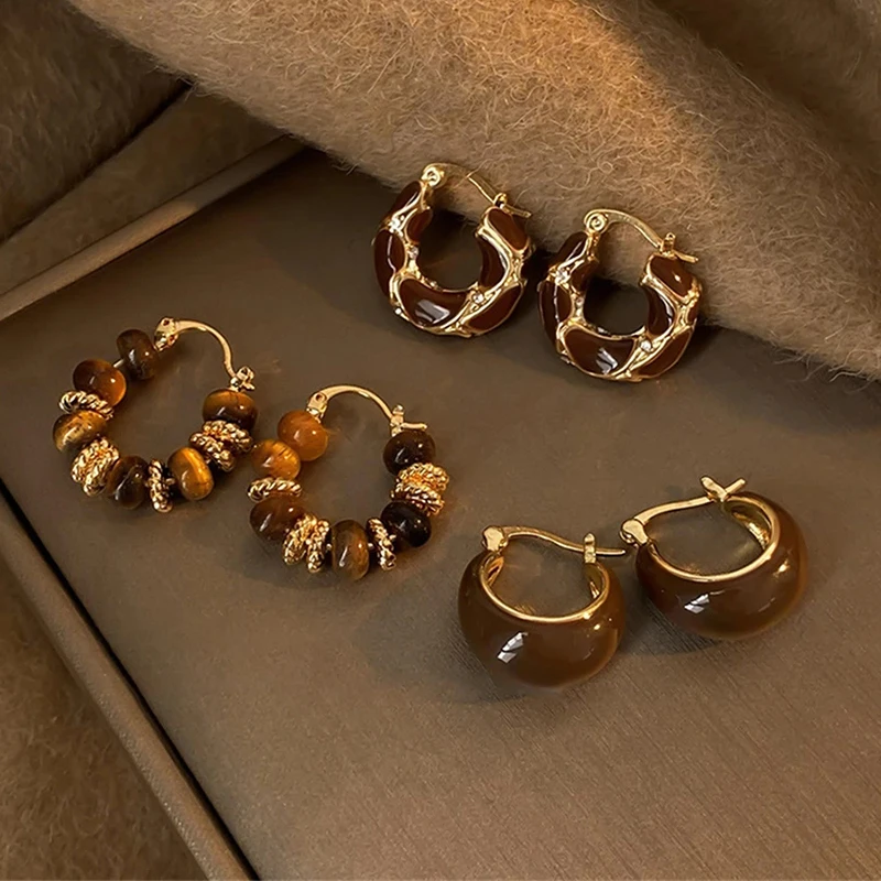 النساء الكورية البني U-شكل هوب أقراط خمر بسيط السلحفاة اللون نازف النفط صغيرة الأذن ترصيع المجوهرات الرائعة اليومية