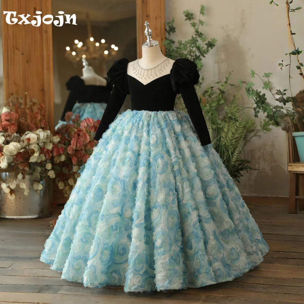 Girl's Ball Gown New Long Sleeve Christmas Princess Dress Teens Child Vestido Piano Performance Birthday Party Clothes 3-16Y