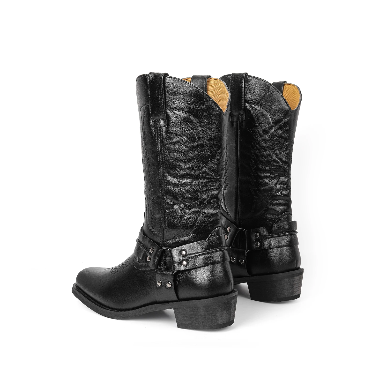 Męskie kowbojki motocyklowe w stylu western, jesienne buty outdoorowe ze skóry PU z motywem totemu, buty do połowy łydki w stylu retro na kwadratowym obcasie, buty na Halloween.