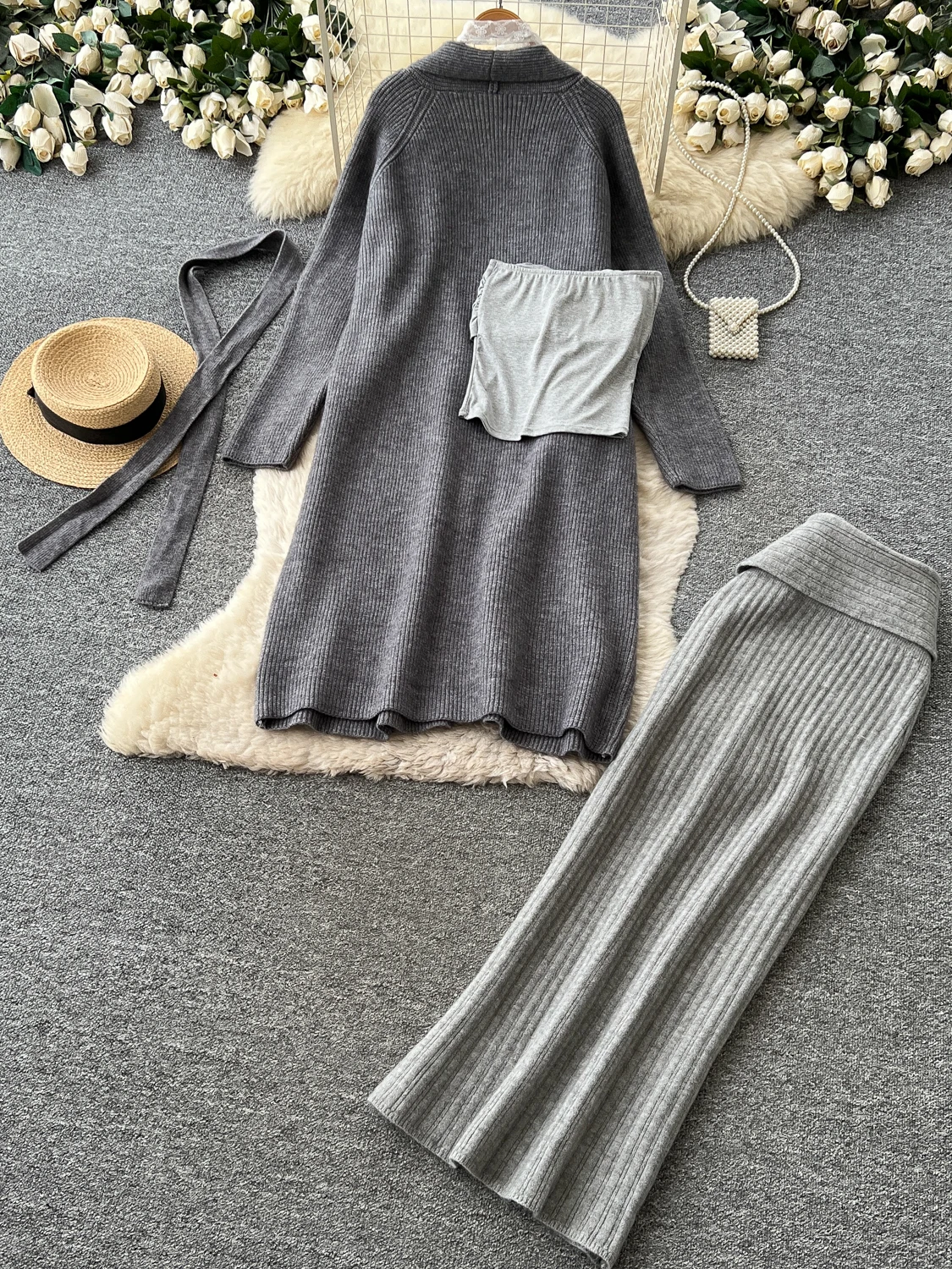Ladies Knitted Open Cardigan Sweater High Waist Skirt Three Piece Set Autumn Commute Style Casual Fashion Ensemble