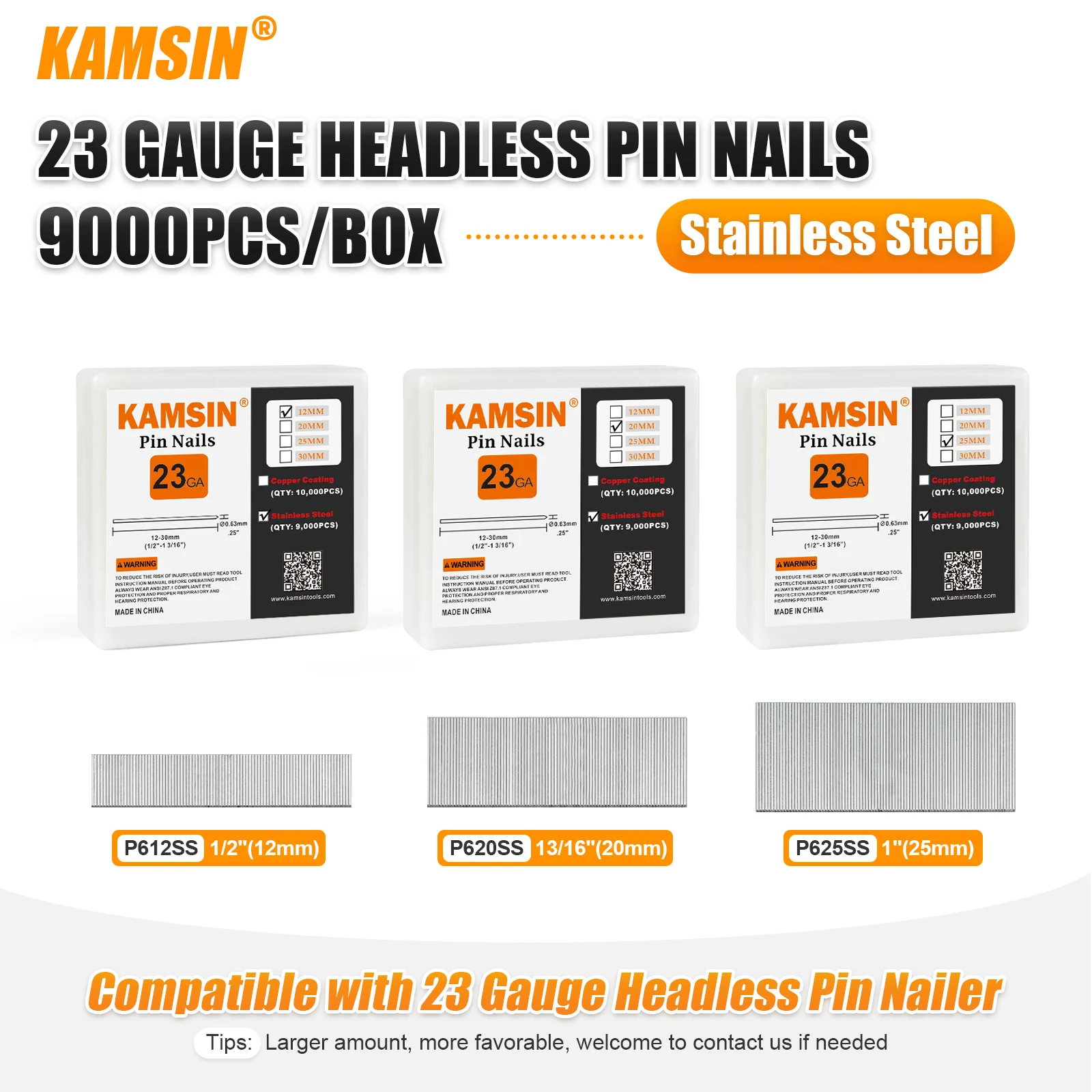 

KAMSIN 23 Gauge Stainless Steel Pin Nails 9,000 PCS/BOX, 12-25mm, Works with Air Pin Nailer, Pneumatic Pin Nail Gun, Pinner