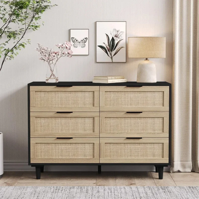 Wide Wicker Dresses for Bedrooms Bohemians and Farmhouses Drawer Cabinets 43 Inch Storage Wardrobes Metal Handles and Wooden Leg