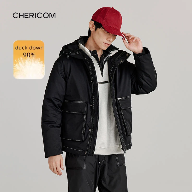 

Мужской пуховик Chericom с капюшоном 90, теплые пуховики с капюшоном и несколькими универсальными карманами, контрастной строчкой Y278519Y