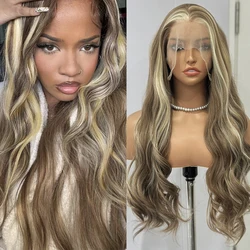 Hightlights Brown Wig Ash Blonde Synthetic Hair Long Wave Deep Body Wave Glueless Wigs Frontal Lace Wigs For Women Cosplay Party