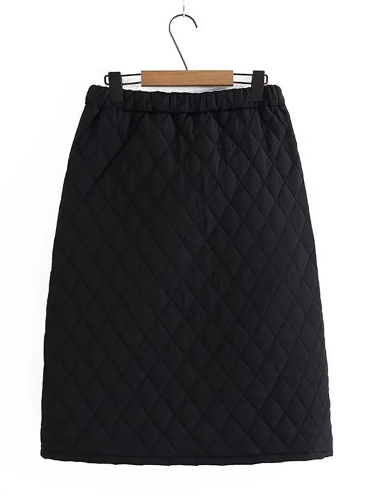 Plus size Women's Winter Half Skirt Elastic Waist Straight Knee Length Square Pattern Stitching Cotton Thick Laminated Skirt