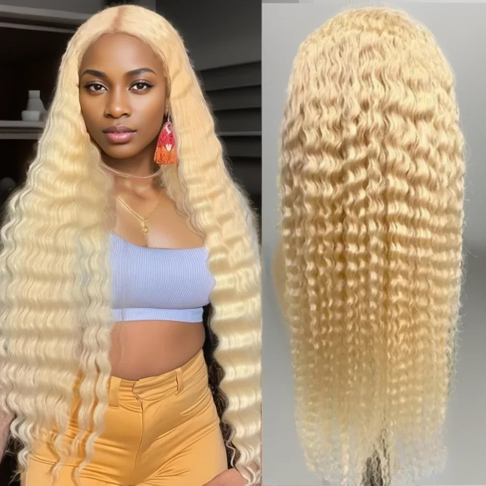 613 Honey Blonde Curly 13x4 Lace Frontal Wig Transparent Deep Wave Wigs Pre Plucked Colored Water Wave Human Hair Wig For Women