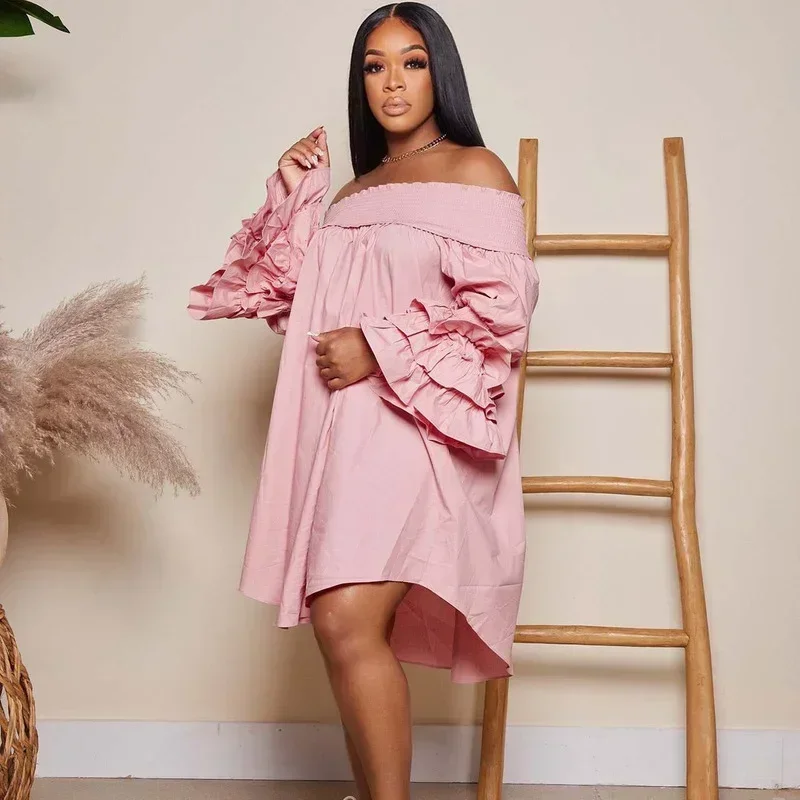 GUWU 오프 숄더 a 라인 섹시한 드레스 여성 우아한 슬래시 넥 프릴 플레어 슬리브 튜닉 셔츠 드레스 루즈 캐주얼 파티 드레스