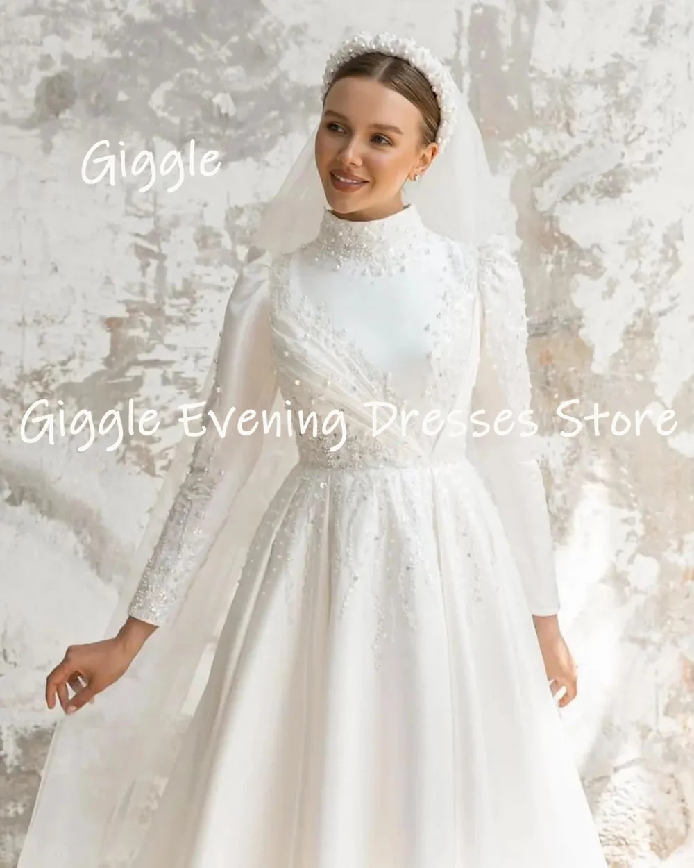 Giggle High Neckline Luxury Sequins Beaded  Pearl Long Sleeves Pleat Wedding Dresses for Women 2023 Zipper Up vestidos de novia