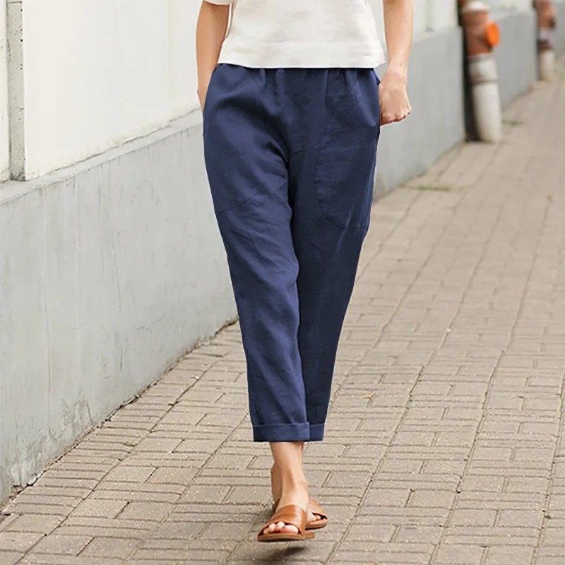 Damenhose aus Baumwolle und Leinen, einfarbig, atmungsaktiv, leicht, elastische Taille, modisch, schlichter Stil, lässige Hose mit geradem Bein – Detail 4