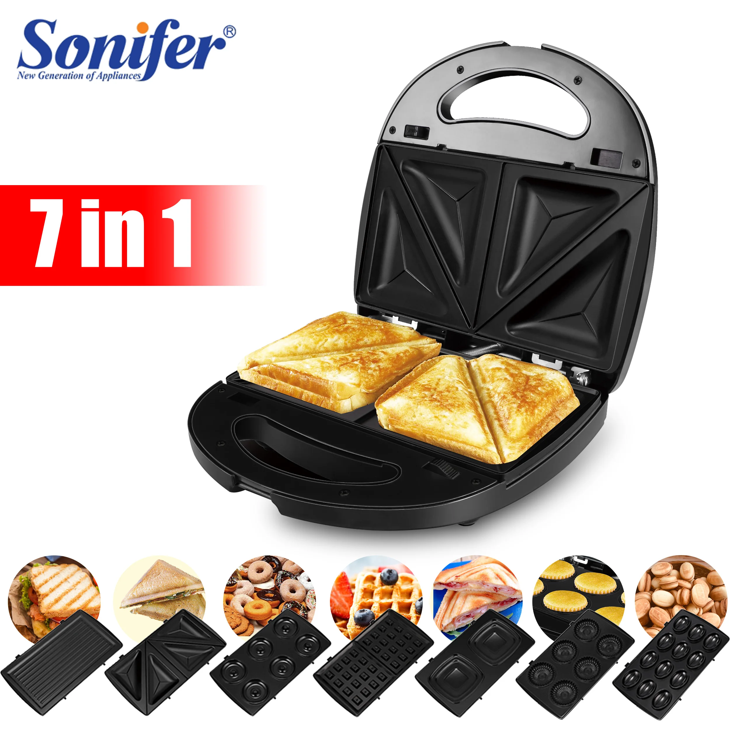 Electric Waffle Maker 7 In 1 Grill Sandwich Cake Donut Walnut Panini Plate Cooking Kitchen Appliances Toaster Breakfast Machine