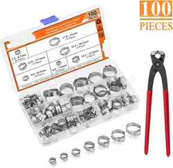 100 Pieces 6-21mm 304 Stainless Steel Single Ear Stepless Hose Clamps With Pincers Kit