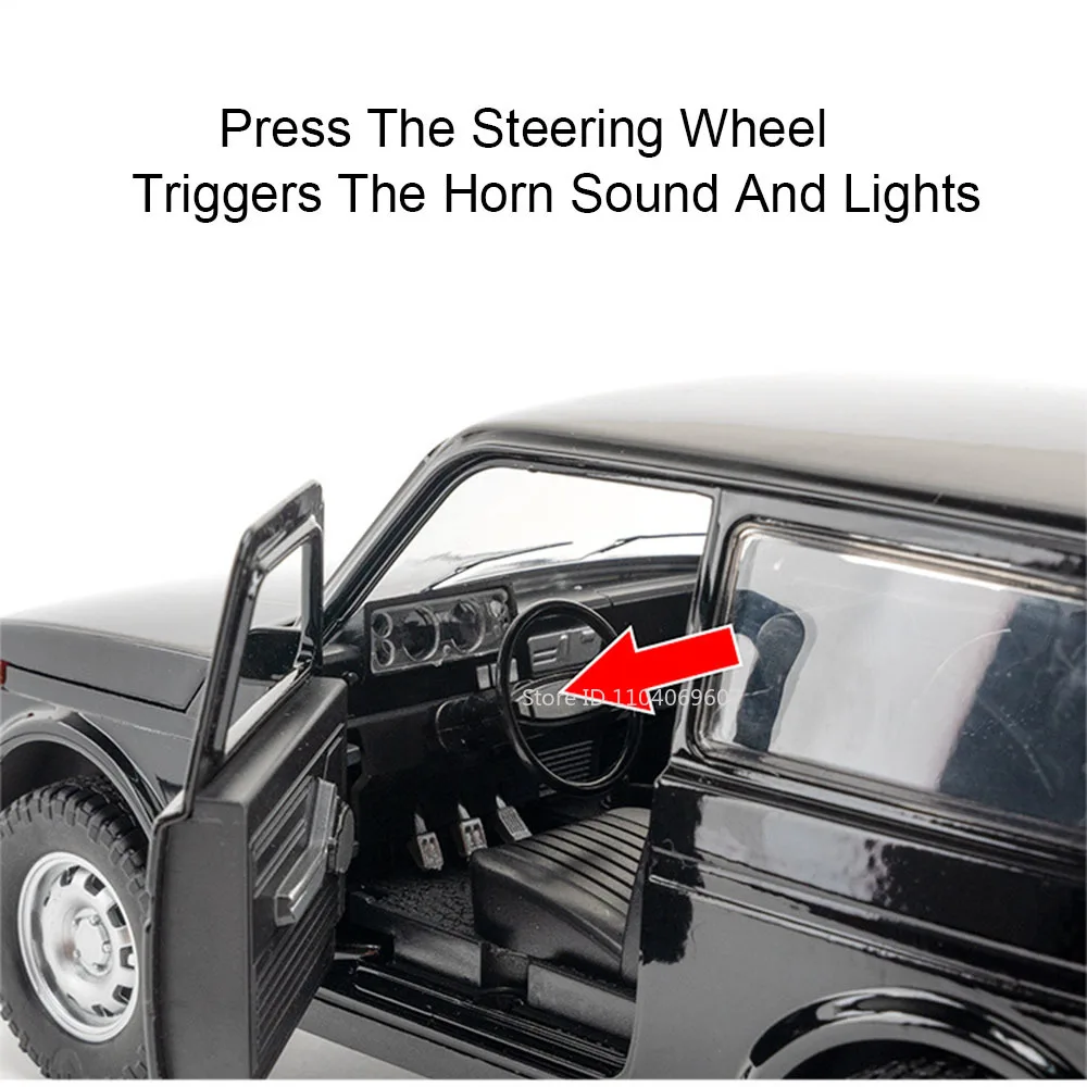 1:18 Rusia Lada Niva modelos de coches de juguete coches Vintage en miniatura aleación Diecast Pull Back 4 puertas abierto sonido luz vehículo regalos para niños