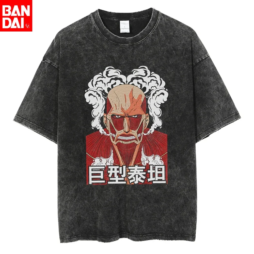 Attack on Titan Colossal Titan Giant Titan Retro Comic-style Vintage Wash Print T Shirt Men 2026 Summer Black T Shirt