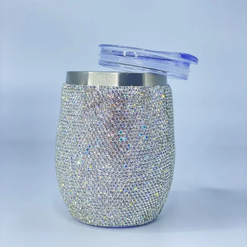 360ml Stainless Steel Insulated Cup Egg Shaped Water Bottle Sparkling Rhinestone Vacuum Flasks With Lid Tumble Office Mug