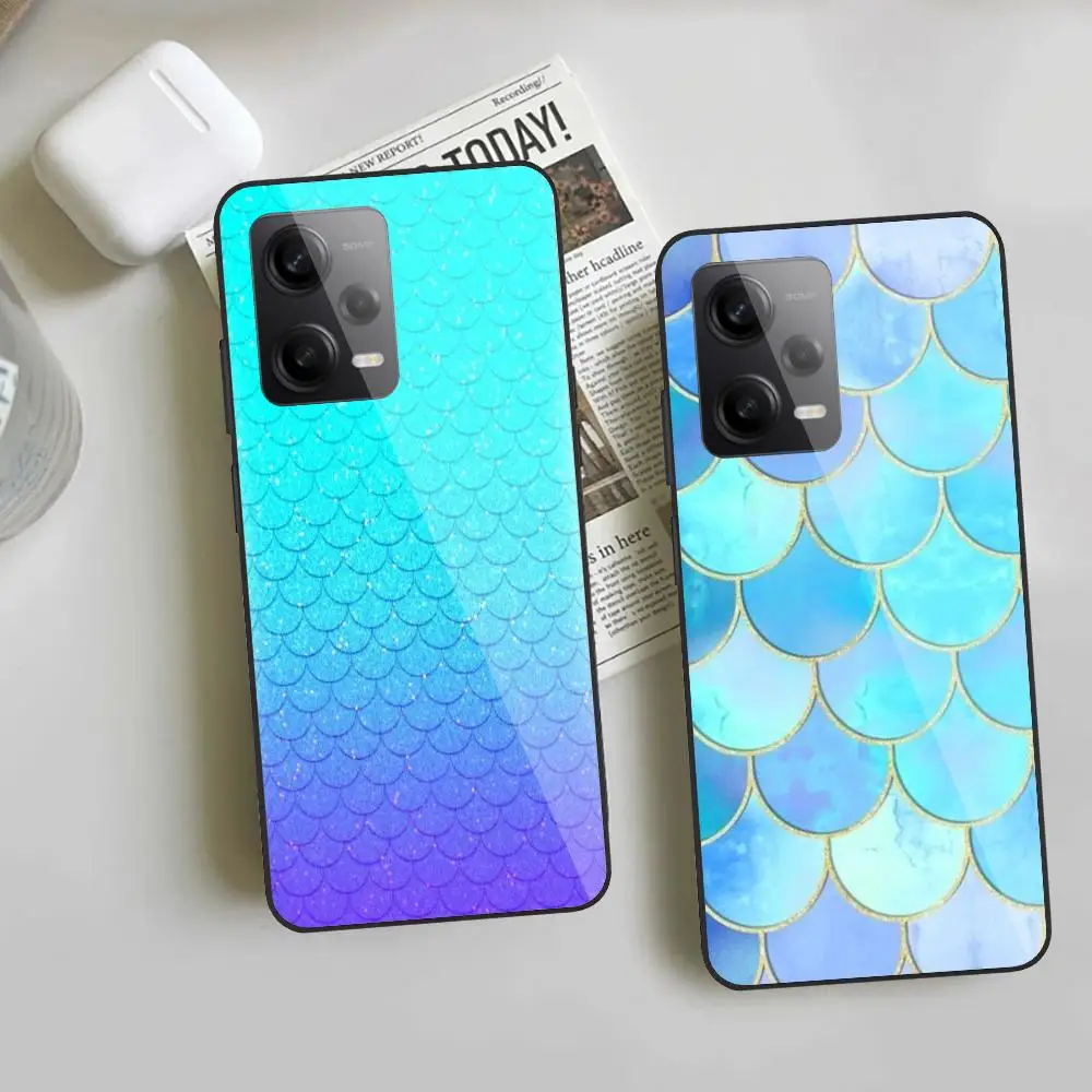 Fish-scale pattern Phone Case For Redmi Note 13 Pro Plus 12 11 A3X A1 A2 13C 12C Black Glass Cases