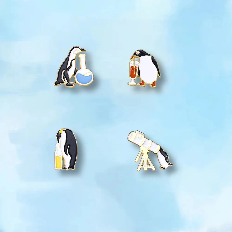 

Cute Black and White Penguin Animal Enamel Pin Gift Fun Chemical Reagent Bottle Red Wine Telescope Badges Jewelry Accessories