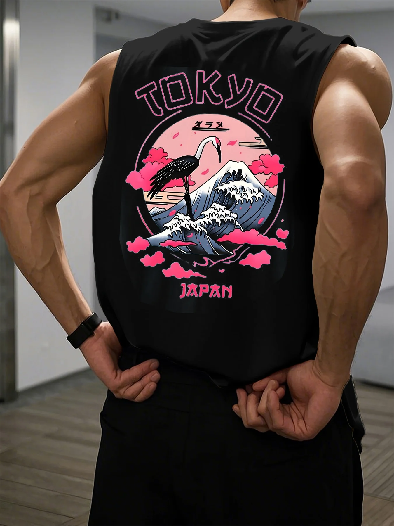 100% pure cotton men's summer fashionable casual sports fitness loose Tokyo casual pattern printed round neck sleeveless vest