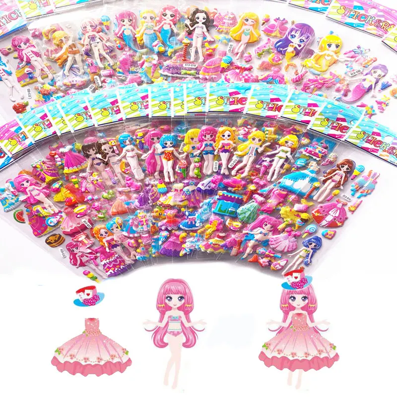 5/6/12Sheets 3D Bubble Dress Up Girls Stickers Cartoon Princess Change Clothes DIY Kawaii Toy Children Birthday Party Decoration