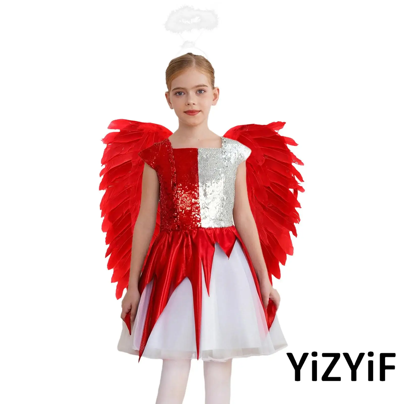 Magical Fantasy Party Outfit for Girls 3 Piece Set with Angel Devil Cosplay Dress with Wings Accessories for Halloween Dress Up