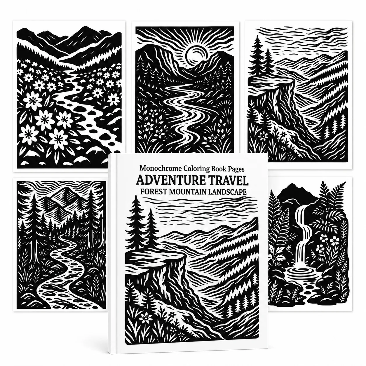 30 Sheets of A5 Paper Monochrome Adventure Travel Coloring Book One Color Art Pages Forest Mountain Landscape Designs with Dot M