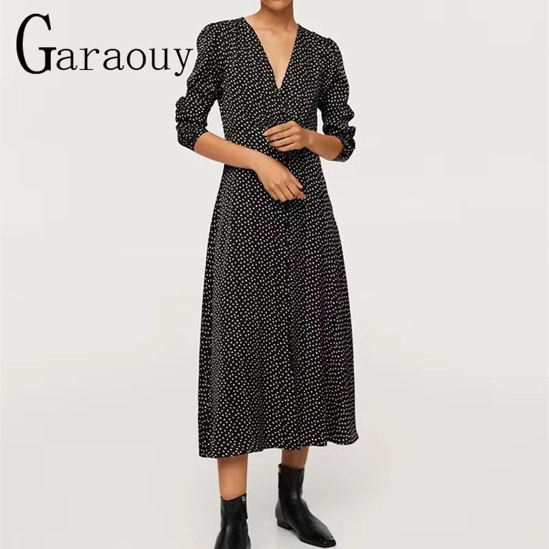 Garaouy 2023 Summer Women V-neck Puff Sleeve Button Long Dress Female Polka Dot Print Slim Elegant Midi Dresses Robe Vestidos