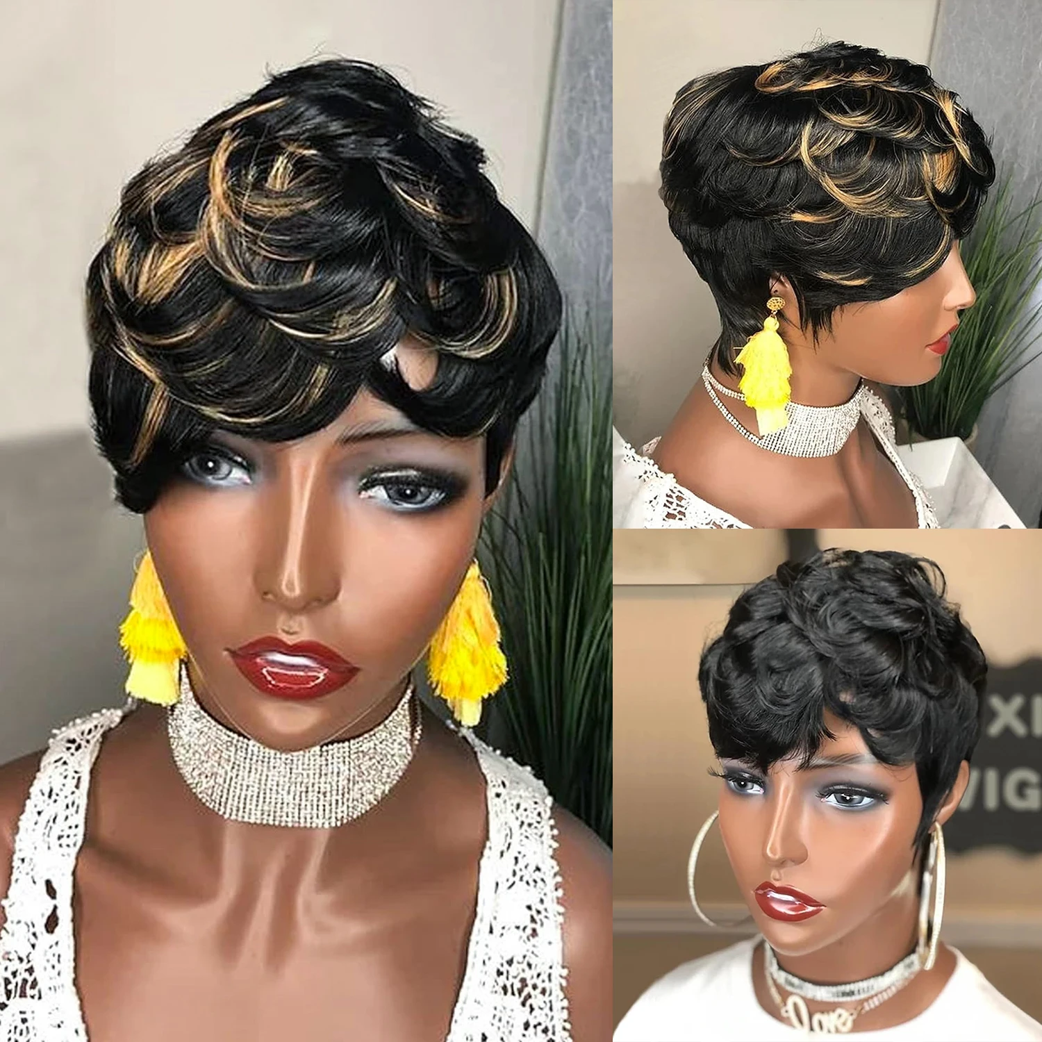 

Парики из человеческих волос с вырезами фея, Короткие Волнистые парики, цветные парики для женщин, парики машинной работы