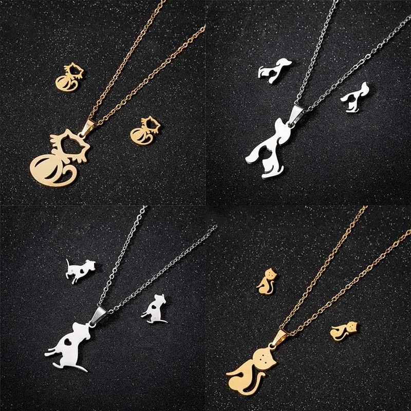 Cute Dog Cat Pendant Necklace Earring Set Women Stainless Steel Animal Jewelry Girls Lovely Pet Necklaces Accessories Wholesale
