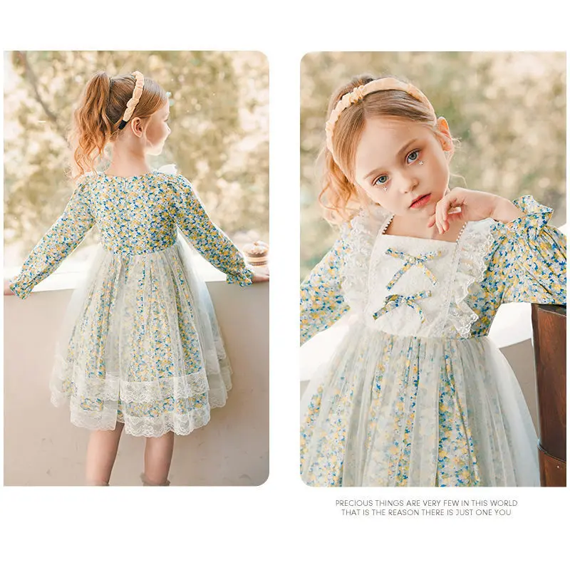 4 To 12 Years Kids and Teen Girls French Style Princess Dress 2022 Spring Children Floral Dress Cute Kids Party Clothing, #6709