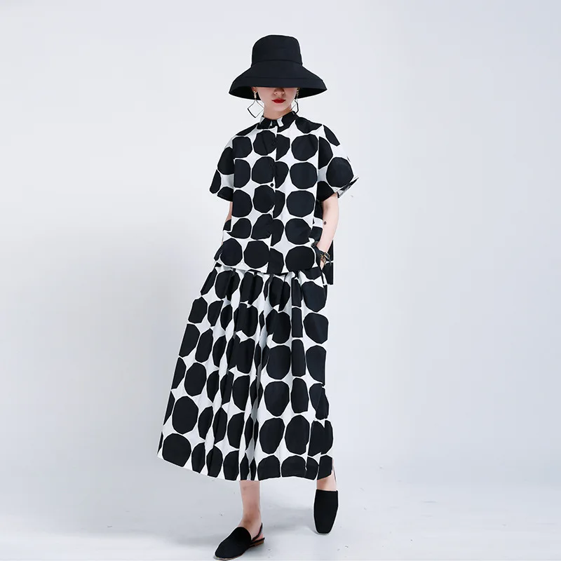 Dark style, black and white dots, covering the hips, medium length skirt, high waisted A-line umbrella skirt+top set for women