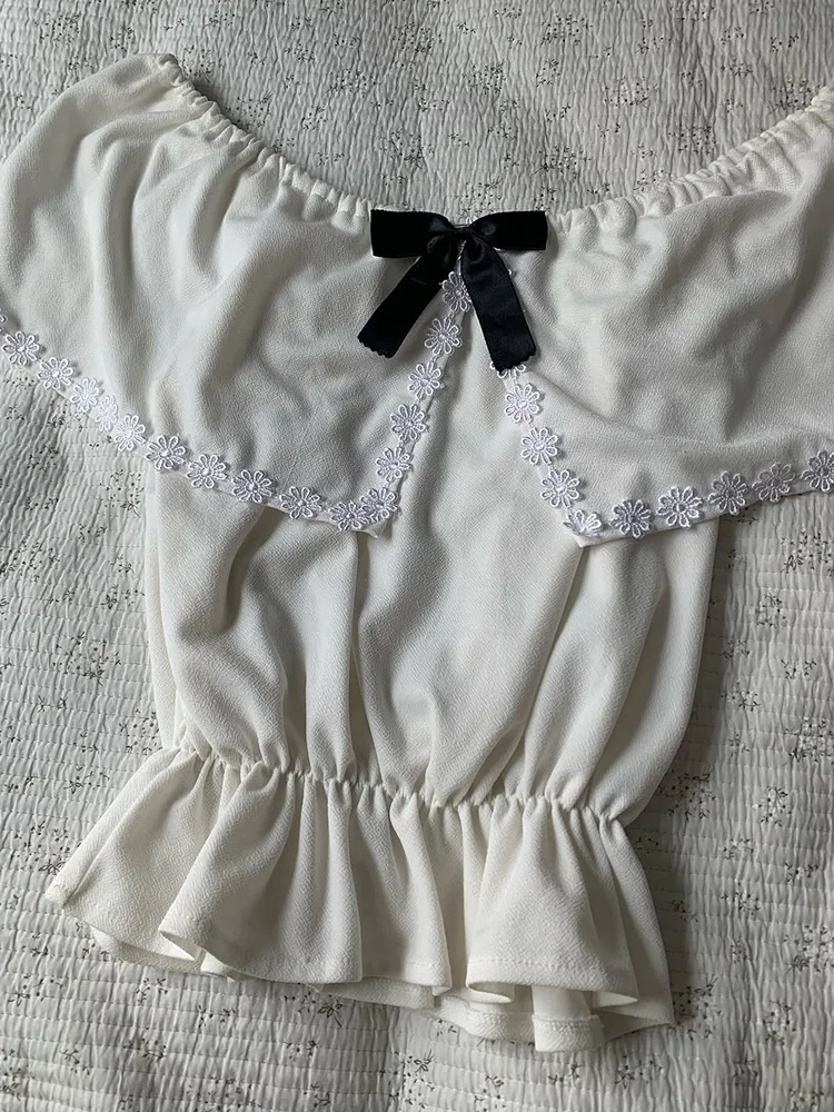 

Slimming White Bow Tie T-irt Women's Original Vintage Design Cotton Blend ort Sve Summer Faion Casual irt