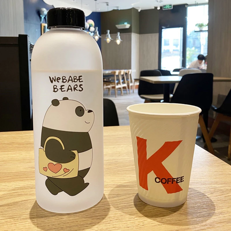 Taza de oso Panda de 1000ml, recipiente de plástico transparente esmerilado con dibujos animados, botella de agua con pajita, vasos a prueba de fugas