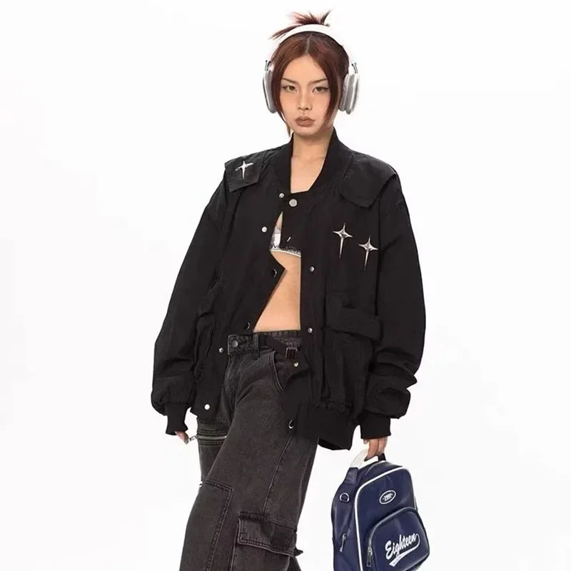 GIDYQ American Retro Oversized Jackets Women Y2k Streetwear Irregular Outwear Harajuku Vintage Pocket Casual Baseball Uniform