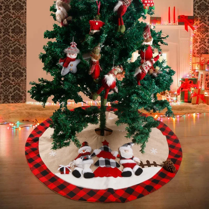 Dia 120cm Handmade Linen Christmas Tree Skirt Red Black Grid Hemline with Santa/Snowman Pattern Xmas Decorations Adornos Navidad