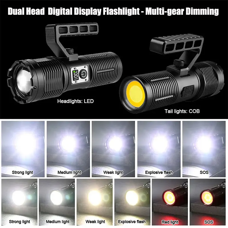 High Power LED Laser Flashlight 2000W Zoomable Tactical Lanterns Outdoor Emergency Spotlight Digital Display Aluminum Torch Lamp