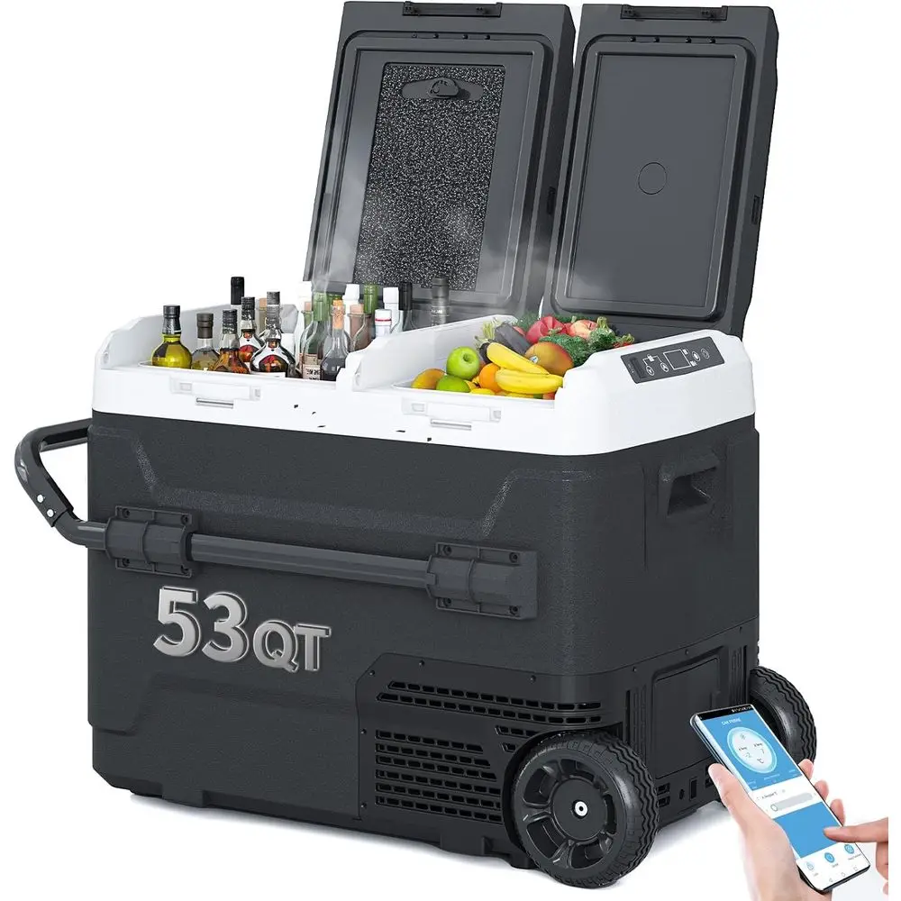 

Портативный автомобильный холодильник с двумя зонами охлаждения, 12В, объем 50 л, питание 12/24В DC и 110/240В AC, -4°C ℉ до 68 ℉ С колесами для кемпинга и путешествий