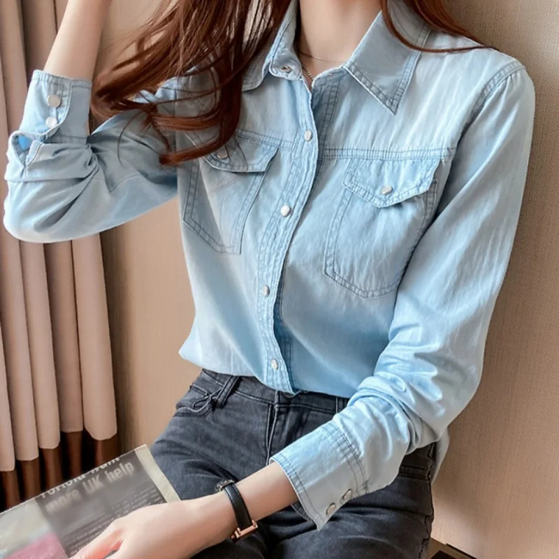 Women Jean Shirts Cowboy Long Sleeved College Style Slim Versatile Denim Female bottoming Shirt