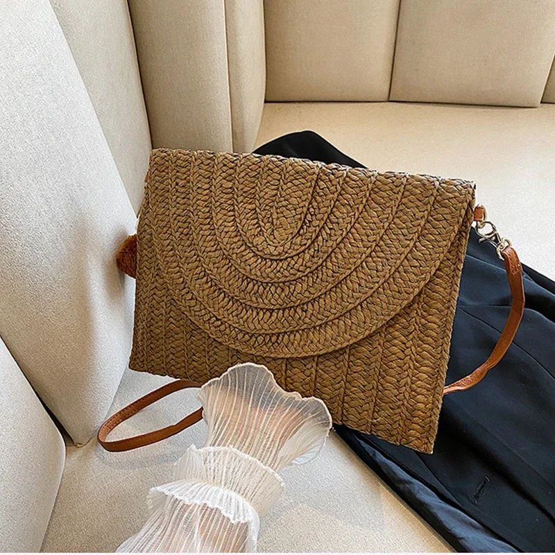 Summer Woven Braided Handbag For Women Woven Handmade Envelope Shoulder Bag Travel Beach Bag Shopping Coin Card Wallet