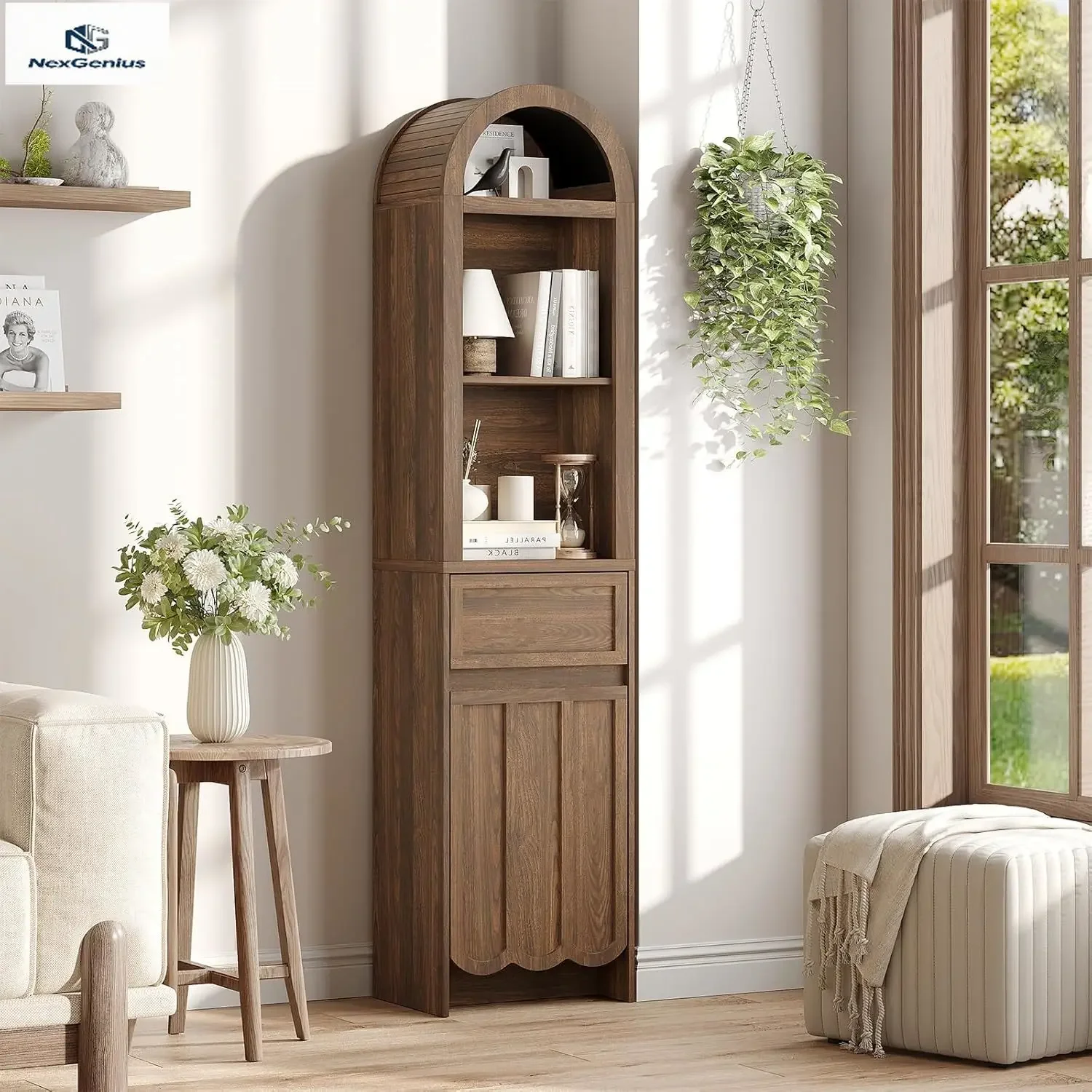 Tall Storage Cabinet Arched Top Fluted 67 Inches Bathroom Organizer Two Open Drawers Adjustable Shelves Space Saving For Living