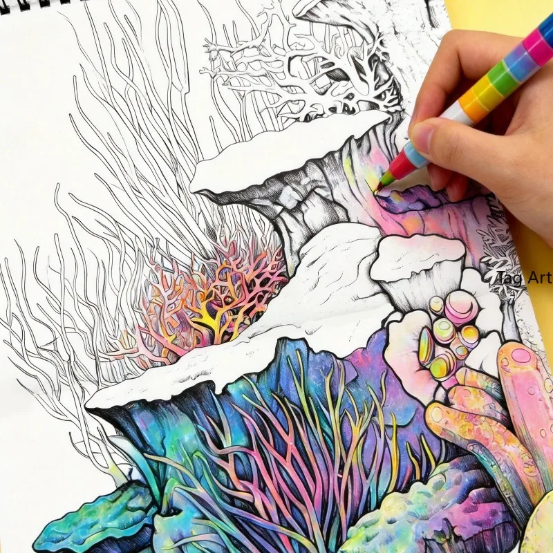 Adult Calm Decompression Ocean Style Hand Drawn Exercise Book, 32 Ocean Themed Line Drawing Patterns, Suitable As A Holiday Gift