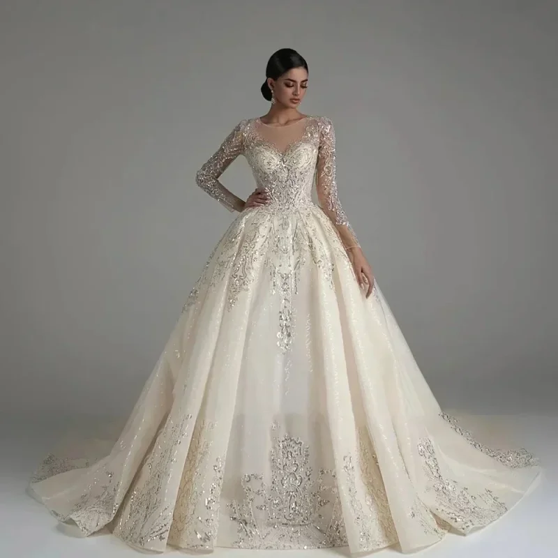 

Luxury Sparkling Round Neck Bridal Ball Dress Lace Long Sleeve Vest Beaded Charm A-line Wedding Dress Customization