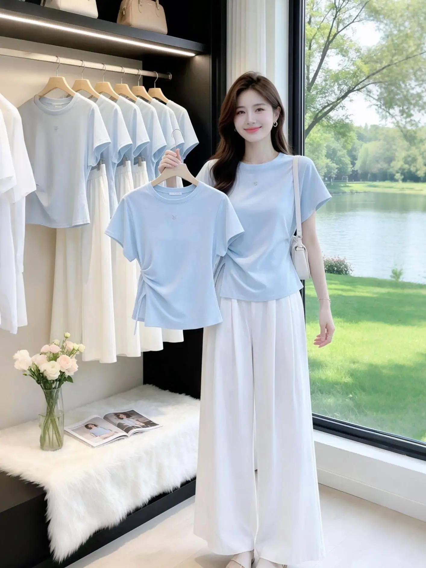 

Unique Blue White Summer New Style Simple Matching Set Women's Wide Leg Pants Versatile Casual Fashion Two-Piece Suit