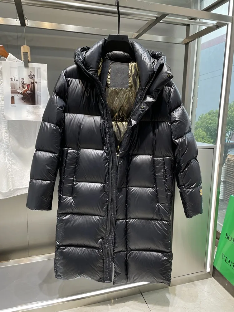 Winter New Mens Cold Resistant Long White Goose Down Jacket Thick Warm Hooded Overcoat Casual Loose Fit Straight Windproof Coat