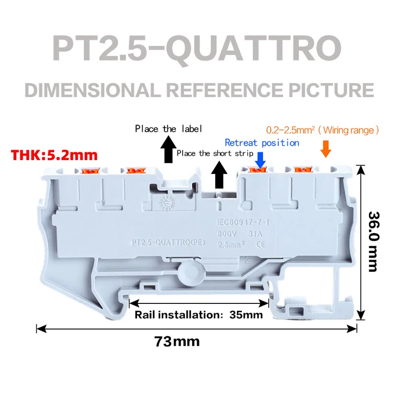 Fast Wiring Connector Din Rail Terminal Block PT2.5-QUATTRO Spring Connection Push In Conductors Wire Connector