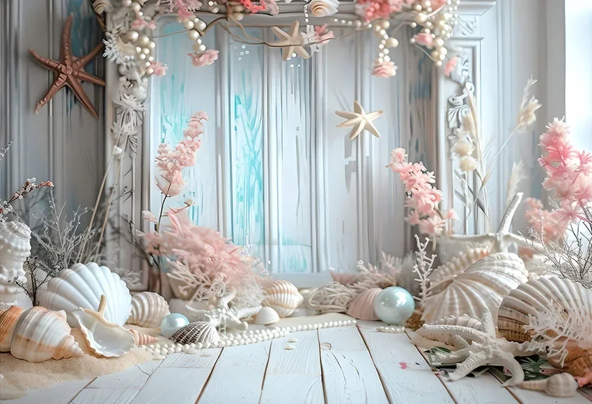Mehofond Photography Background Summer Mermaid Pearl Shell Decor Princess Birthday Party White Wooden Board Backdrops Photozone